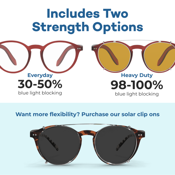 Lennon Blue Light Glasses - Everyday Lens with Heavy Duty Clip-on (red frame)