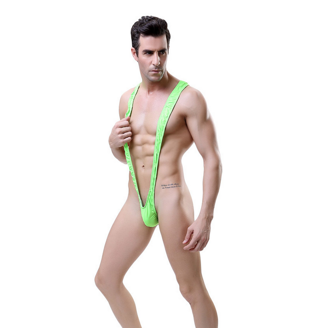 Men Bodysuit Solid Color Conjoined Tight V-shaped Underwear - Green