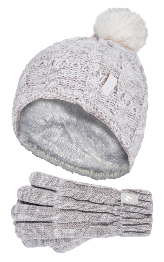 Girls Fleece Lined Warm Turnover Hat & Gloves Set