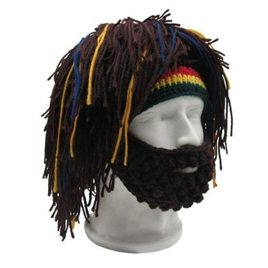 Crochet Woolen Wig Cap Mask Hat Mask Warm Character Play Hat Cap with Whiskers