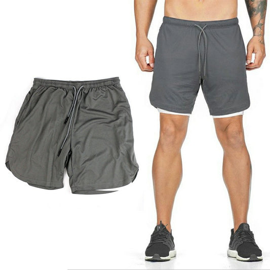 Double Layer Running Training Shorts Fitness Bottoms with Pockets - Grey XL