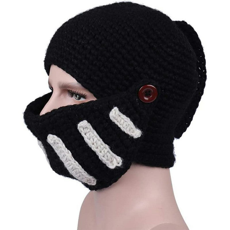 Crochet Knit Roman Knight Helmet Beanie Hat Cap with Face Mask for Halloween Cosplay - Black