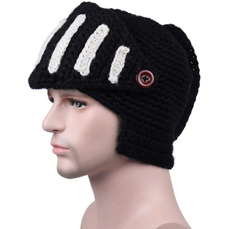 Crochet Knit Roman Knight Helmet Beanie Hat Cap with Face Mask for Halloween Cosplay - Black