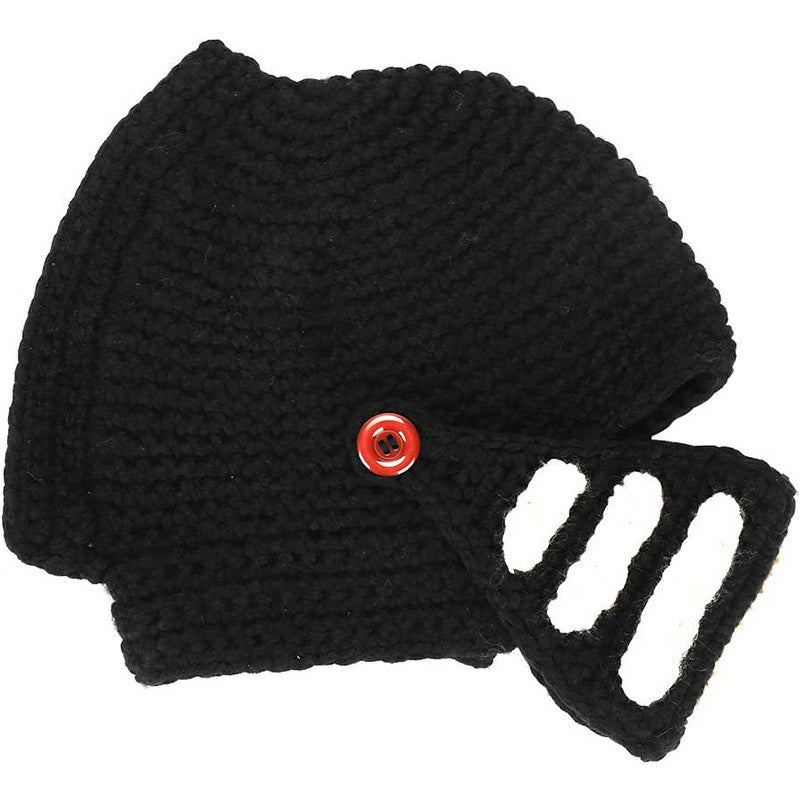 Crochet Knit Roman Knight Helmet Beanie Hat Cap with Face Mask for Halloween Cosplay - Black