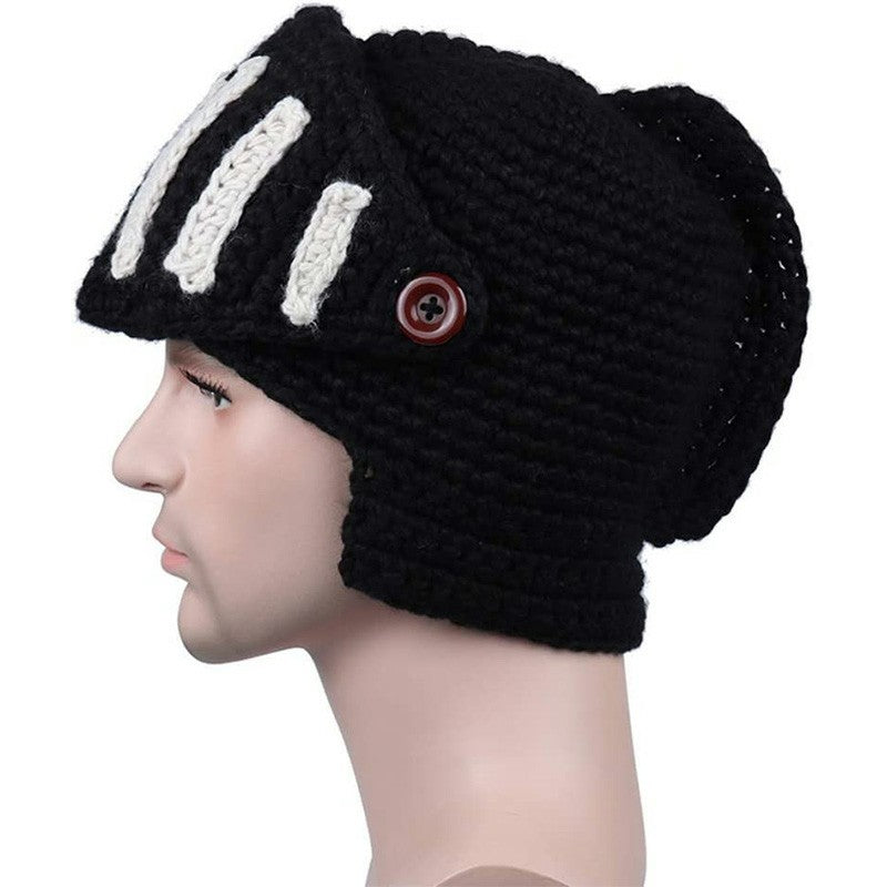 Crochet Knit Roman Knight Helmet Beanie Hat Cap with Face Mask for Halloween Cosplay - Black