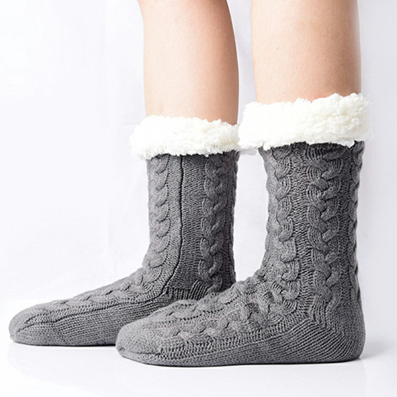 Winter Ladies Non Slip Soft Cozy Slipper Socks Fleece Lined Fluffy and Furry Knitted Warm Home Socks, Grey