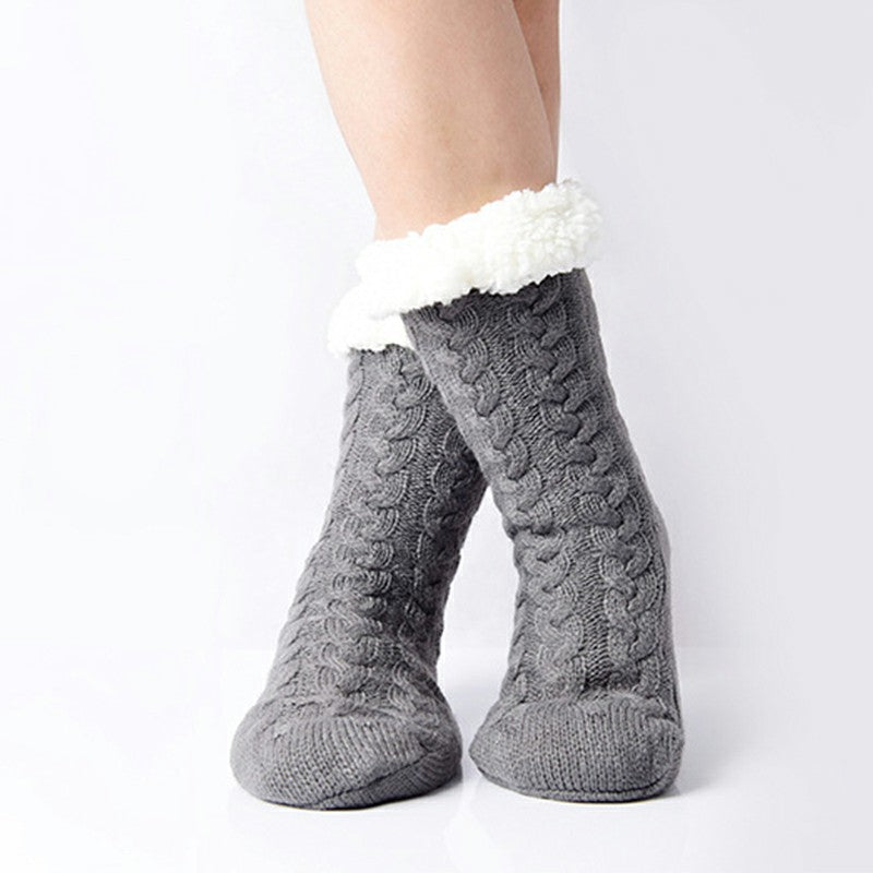 Winter Ladies Non Slip Soft Cozy Slipper Socks Fleece Lined Fluffy and Furry Knitted Warm Home Socks, Grey