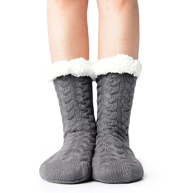 Winter Ladies Non Slip Soft Cozy Slipper Socks Fleece Lined Fluffy and Furry Knitted Warm Home Socks, Grey