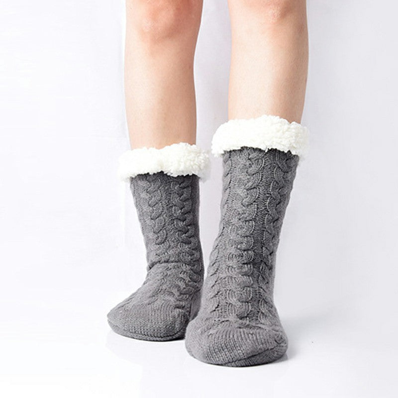 Winter Ladies Non Slip Soft Cozy Slipper Socks Fleece Lined Fluffy and Furry Knitted Warm Home Socks, Grey