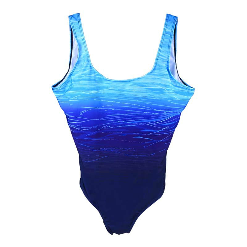 Round Neck Swimsuit One Piece Swimwear Gradient Color U Back Bathing Suits for Women - Blue