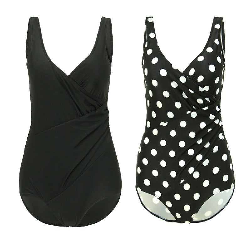 Lady Tummy Control Swimming Costume One Piece Bathing Swimwear Swimsuit -  Black White Dot