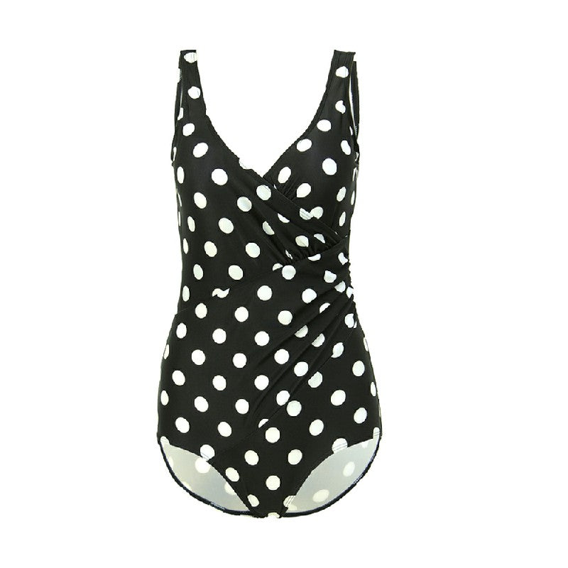 Lady Tummy Control Swimming Costume One Piece Bathing Swimwear Swimsuit -  Black White Dot