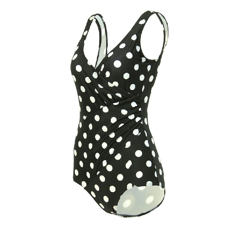 Lady Tummy Control Swimming Costume One Piece Bathing Swimwear Swimsuit -  Black White Dot