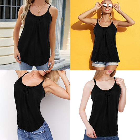 Women Camisole Built in Bra Pleated Vest Loose Fit Flowy Tank Top with Shelf Bra - Black XL 2XL 3XL 4XL