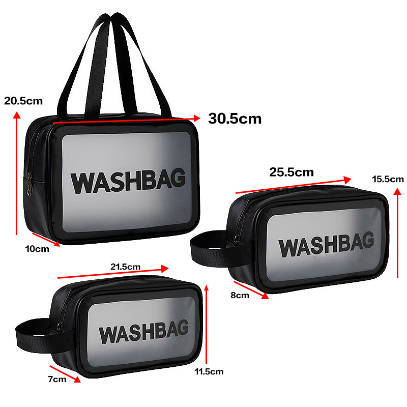 3 Size Clear Travel Wash Bag Set Cosmetic Toiletry Transparent Wash Pouch -Black Pink