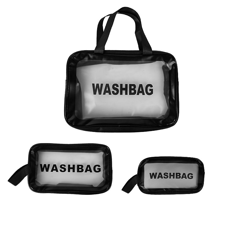 3 Size Clear Travel Wash Bag Set Cosmetic Toiletry Transparent Wash Pouch -Black Pink