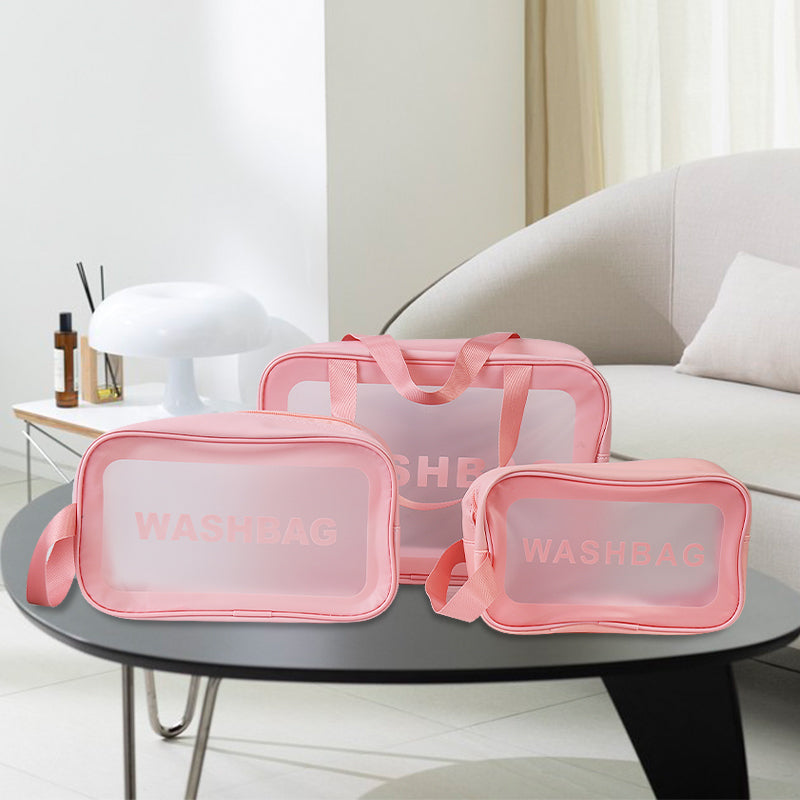 3 Size Clear Travel Wash Bag Set Cosmetic Toiletry Transparent Wash Pouch -Black Pink