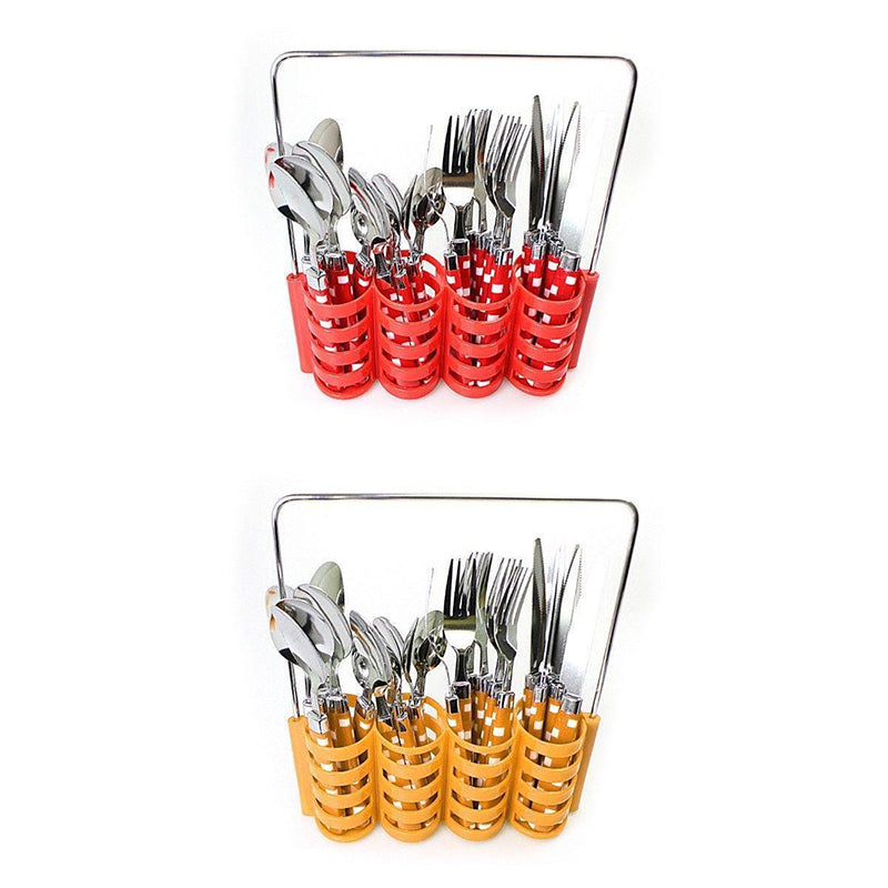 24PC Stainless Steel Cutlery Set In Steel Holding Rack - Random Colour