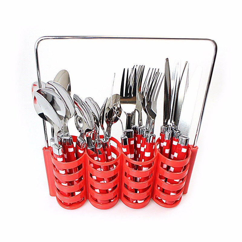 24PC Stainless Steel Cutlery Set In Steel Holding Rack - Random Colour