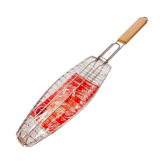 Fish Roasting Grilling Basket BBQ Metal Meat Basket with Wooden Handle 35 cm