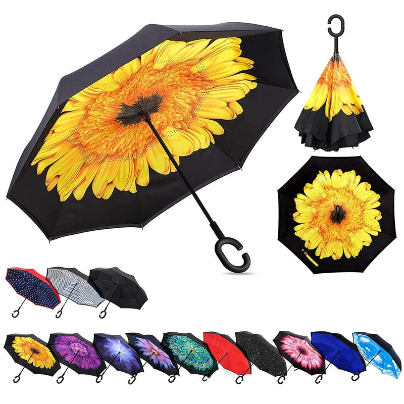 Reverse Inverted Double Layer Umbrella with C Handle Assorted Designs 80cm - Random Colour