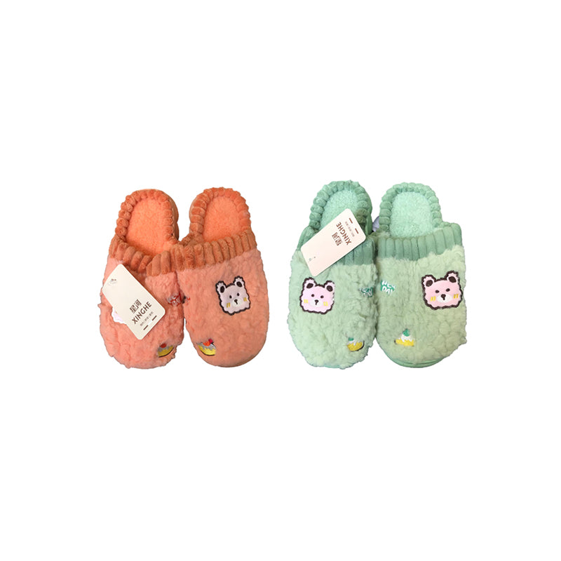 Indoor Fuzzy House Slippers with Bear Design Assorted Sizes - Random Colour