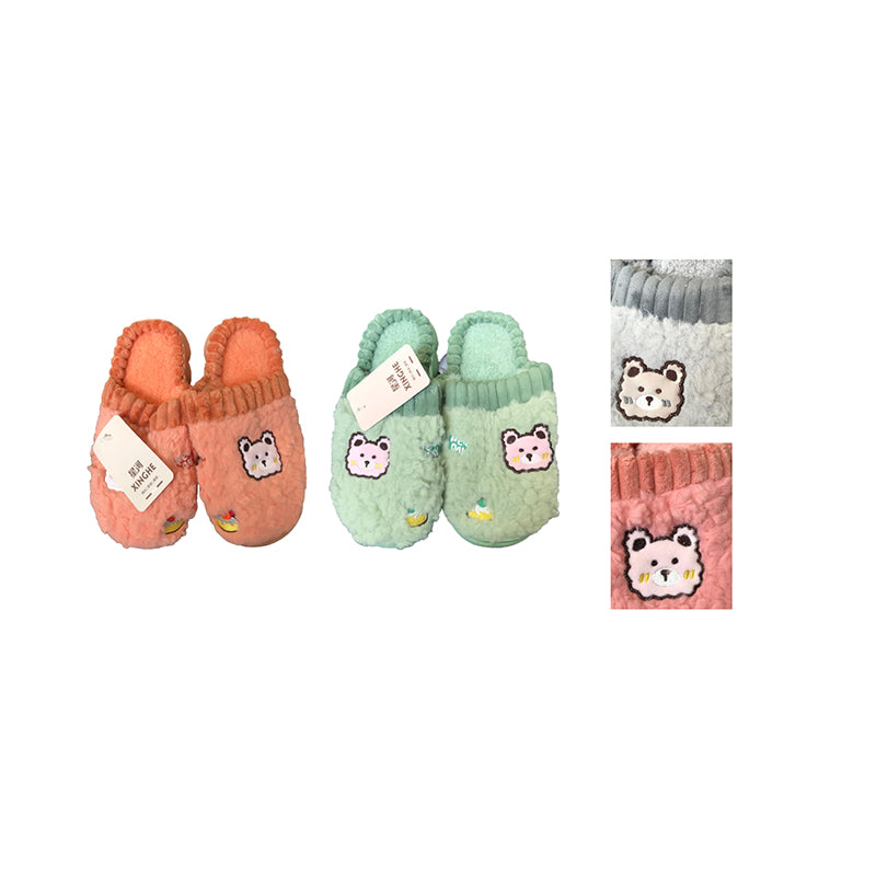 Indoor Fuzzy House Slippers with Bear Design Assorted Sizes - Random Colour