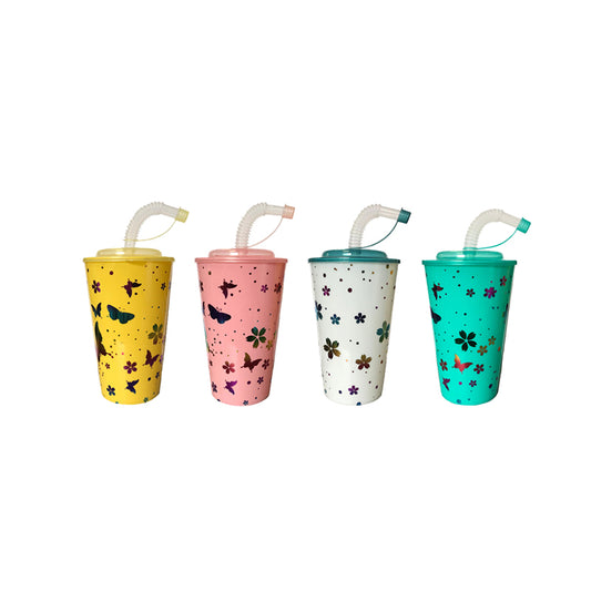 500ml Reusable Plastic Juice Drinking Cup with Lid and Straw - Random Colour