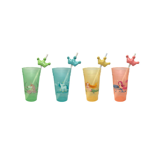 15 cm Reusable Plastic Drinking Cup with Straw and Printed Design - Random Colour