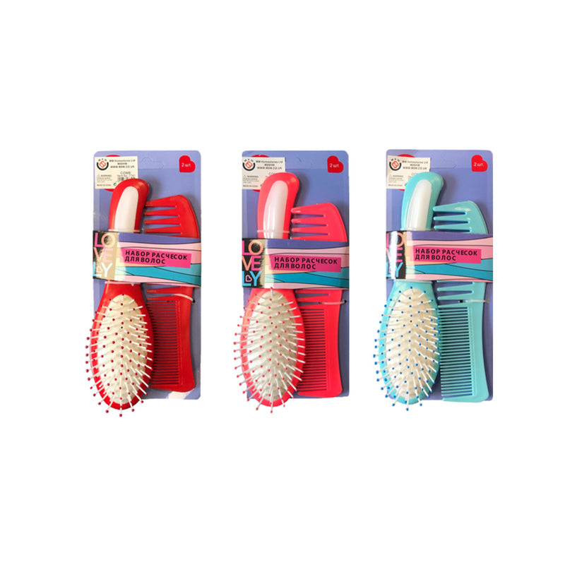 Plastic Hairbrush and Comb Set of 2 - Random Colour