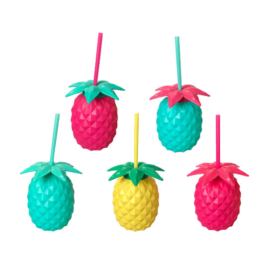 Plastic Pineapple Shaped Cocktail Drinking Glass Cup with Lid and Straw 14 cm - Random Colour