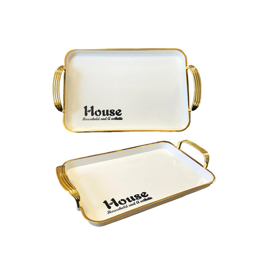 Rectangular Serving Tray with Gold Rim and Handles 38.5 x 28 x 2.5 cm