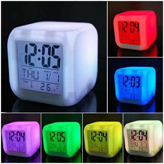 LED 7 Colors Glowing Digital Silent Alarm Clock Cube with Date Day & Temperature