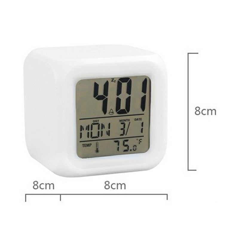 LED 7 Colors Glowing Digital Silent Alarm Clock Cube with Date Day & Temperature