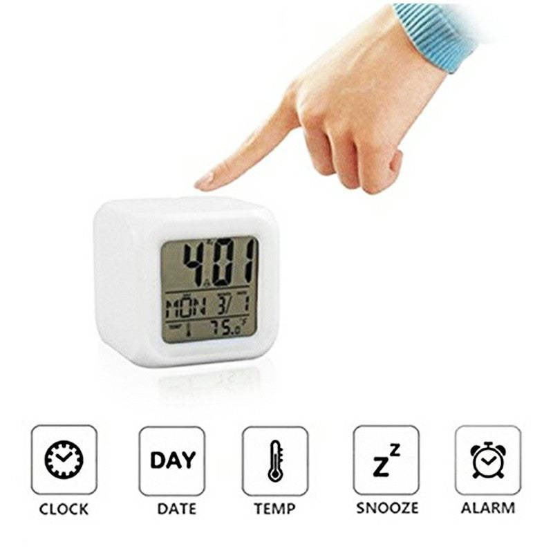 LED 7 Colors Glowing Digital Silent Alarm Clock Cube with Date Day & Temperature