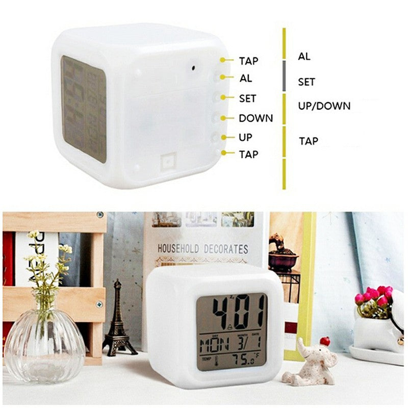 LED 7 Colors Glowing Digital Silent Alarm Clock Cube with Date Day & Temperature