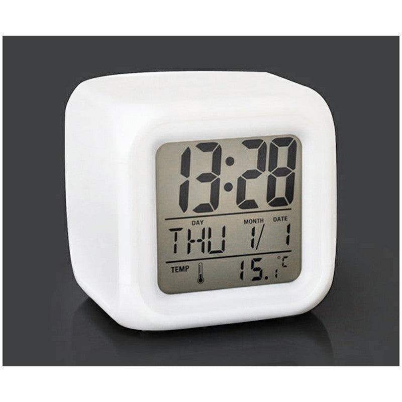 LED 7 Colors Glowing Digital Silent Alarm Clock Cube with Date Day & Temperature