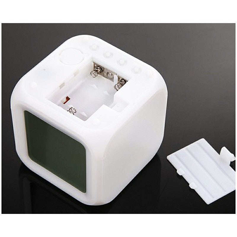 LED 7 Colors Glowing Digital Silent Alarm Clock Cube with Date Day & Temperature