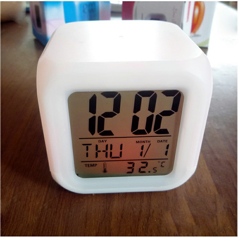 LED 7 Colors Glowing Digital Silent Alarm Clock Cube with Date Day & Temperature