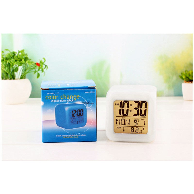 LED 7 Colors Glowing Digital Silent Alarm Clock Cube with Date Day & Temperature