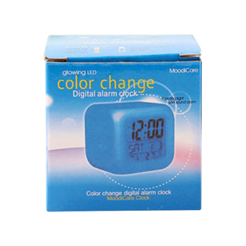 LED 7 Colors Glowing Digital Silent Alarm Clock Cube with Date Day & Temperature