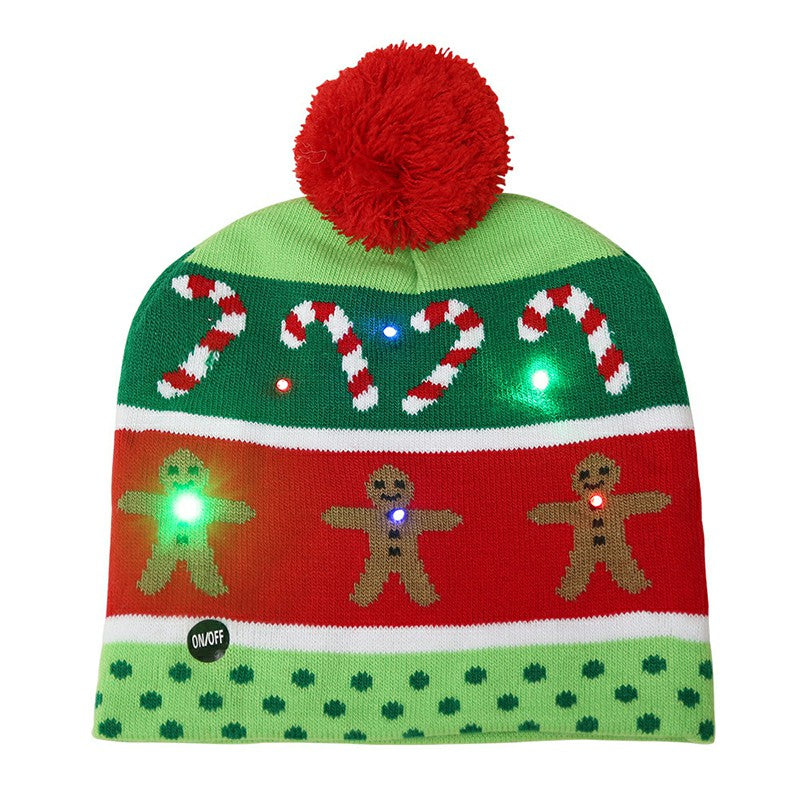 Christmas LED Light Winter Warm Beanie Cap New Year Party Santa Knitted Hat Decoration for Adult - Gingerbread Man