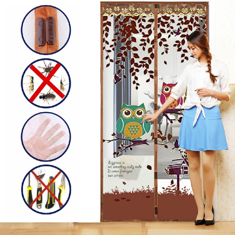 Magic Door Curtain Mesh Magnetic Fastening Hands Free Insect Fly Screen - Coffee Owl