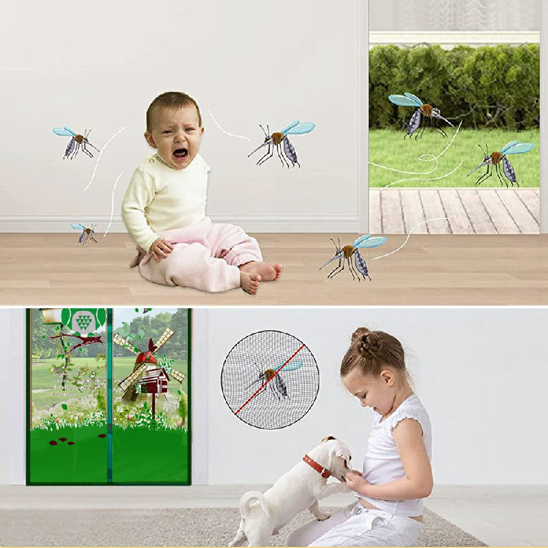 Magic Door Curtain Mesh Magnetic Fastening Hands Free Insect Fly Screen - Green Owl