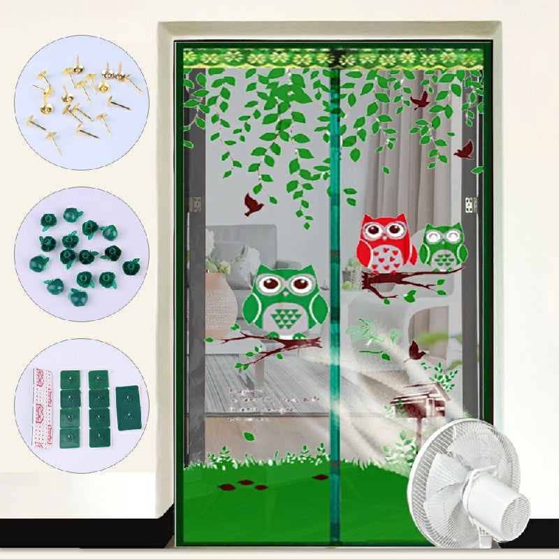 Magic Door Curtain Mesh Magnetic Fastening Hands Free Insect Fly Screen - Green Owl