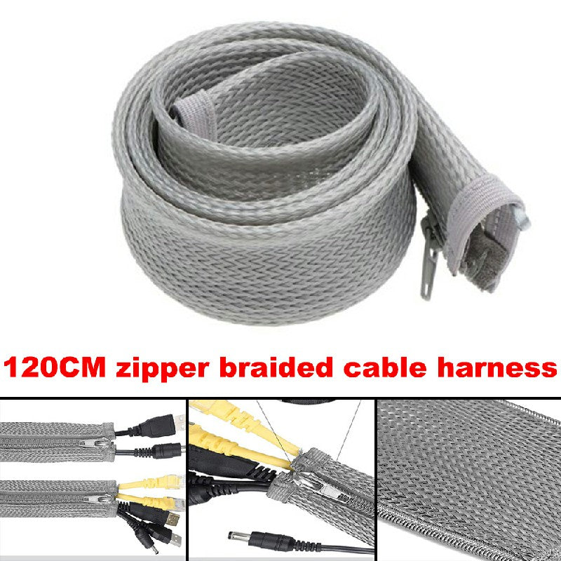 120cm Cable Tidy Zip Sleeve for PC/TV Wire Management Organisers Cable Cover Protector - Grey