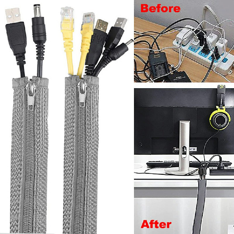 120cm Cable Tidy Zip Sleeve for PC/TV Wire Management Organisers Cable Cover Protector - Grey