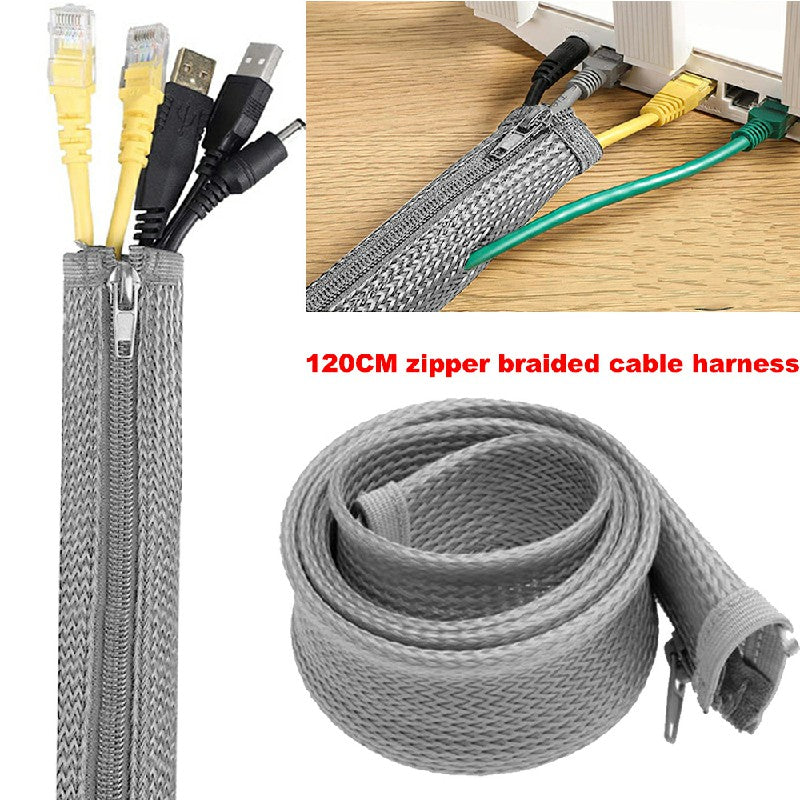 120cm Cable Tidy Zip Sleeve for PC/TV Wire Management Organisers Cable Cover Protector - Grey