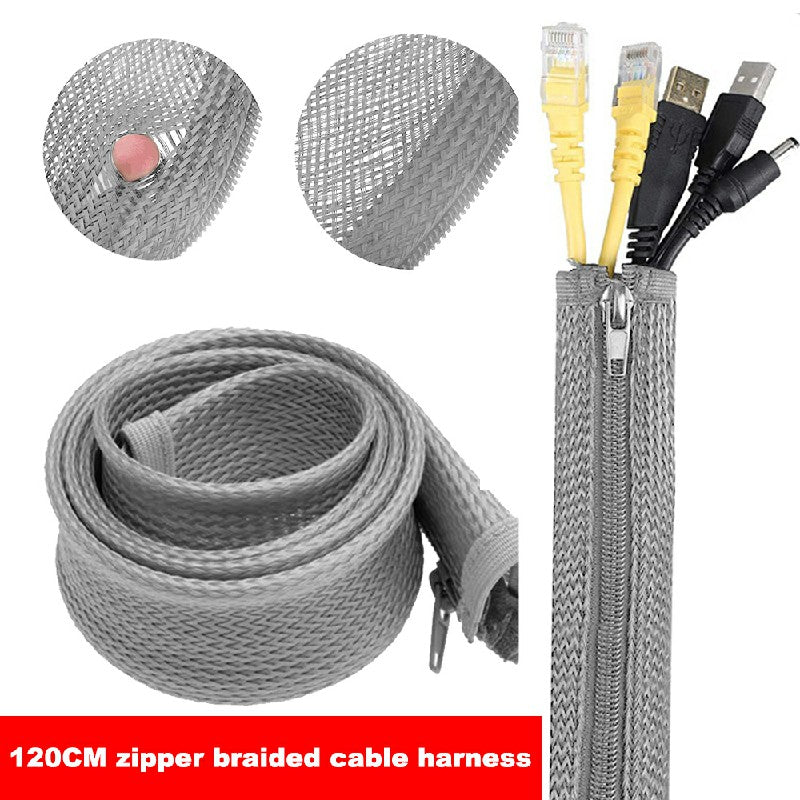 120cm Cable Tidy Zip Sleeve for PC/TV Wire Management Organisers Cable Cover Protector - Grey