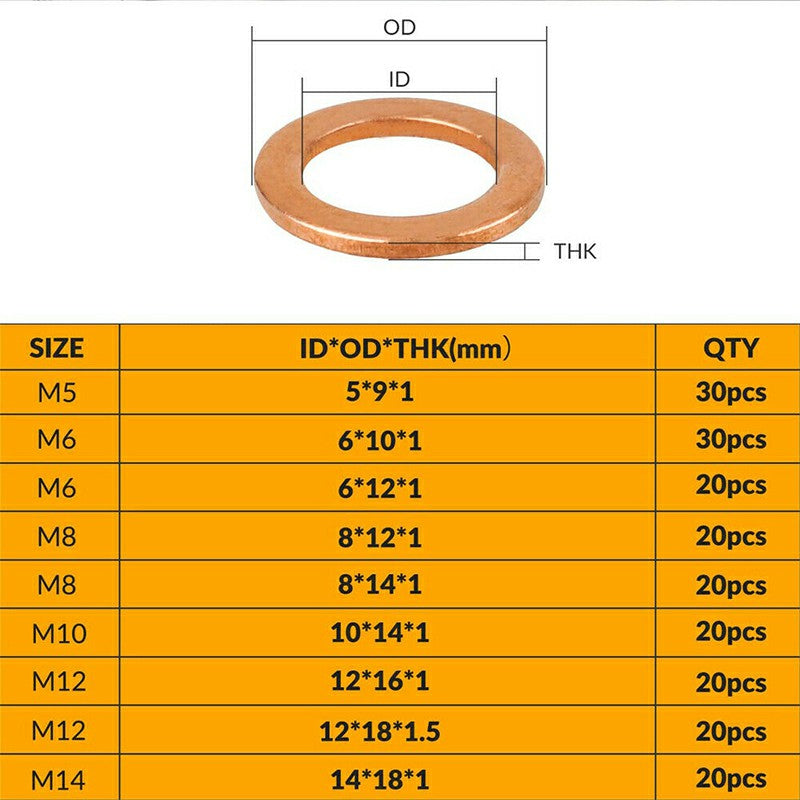 200 pcs Assorted Solid Copper Car Engine Crush Washers Set Seal Flat Ring